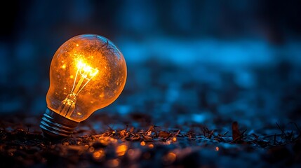 Aufkleber - Glowing bulb on forest floor, night scene, idea concept