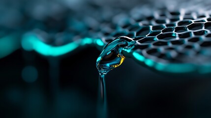 macro shot showcasing a drip of viscous fluid on a metallic honeycomb surface
