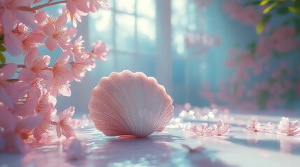 Sticker - Pink shell blossoms serene water scene