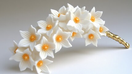 Canvas Print - Elegant Arrangement of Delicate White Sculpted Blossoms with Subtle Yellow Centers on a Gold Stem