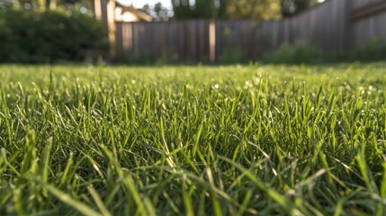 Wall Mural - Lush green grass lawn backyard sunset; garden background