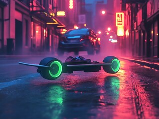 Wall Mural - Futuristic skateboard, neon city, night rain.