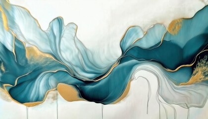 Poster - abstract blue and gold fluid painting with elegant curves, soft textures, and smooth flowing lines for modern decor