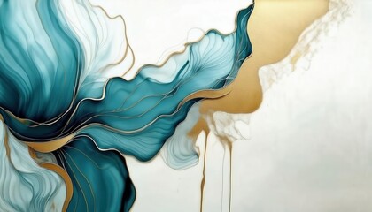 Poster - abstract blue and gold fluid painting with elegant curves, soft textures, and smooth flowing lines for modern decor
