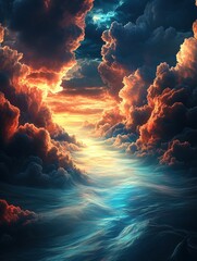 Wall Mural - Fiery sunset cloudscape, ethereal ocean sky