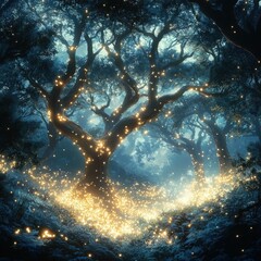 Wall Mural - Enchanting forest night glowing tree magic