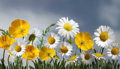 Wall Mural - a collection of wild spring daisy and buttercup flowers blooms isolated against a background