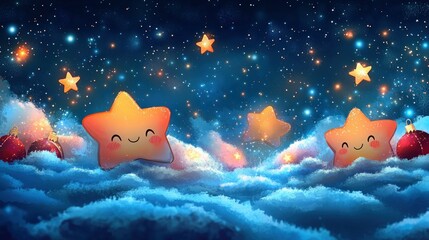 Wall Mural - Happy stars twinkle above snowy clouds.