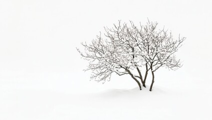 Fototapete - Solitary tree stands gracefully covered in snow against a stark white background, capturing the essence of minimalist winter beauty