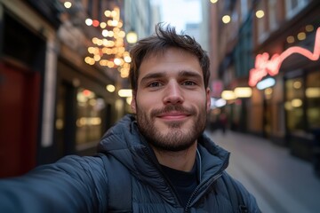 Wall Mural - A cheerful young man poses for a selfie in a vibrant city alley, enhanced by warm decorative lights providing a cozy ambiance and inviting feel to the atmosphere.