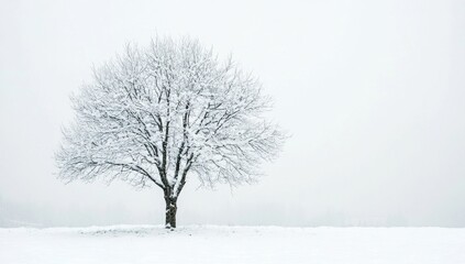 Fototapete - Solitary tree stands in a snow-covered field, its branches cloaked in snow. The minimalist composition emphasizes tranquility and simplicity