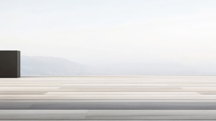 Wall Mural - Minimalist terrace with panoramic view over distant mountains during early morning light