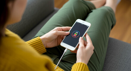 Poster - Smartphone charging battery in woman hands. Woman using smartphone with charging battery on screen while sitting on couch