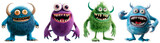 Set of 3D-rendered cartoon monsters with vibrant colors and unique expressions on a transparent background. Features blue, purple, and green creatures with big eyes, sharp teeth, and fun textures. 
