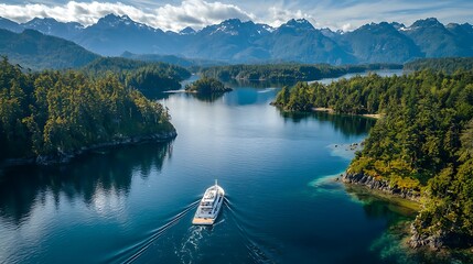 Canvas Print - Luxury yacht cruises Patagonian fjords, mountains backdrop