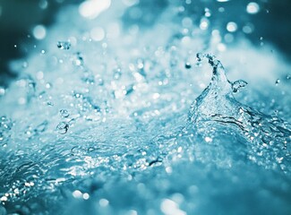 Poster - High-resolution close-up of a water splash in light blue, showcasing droplets and bokeh effect with sharp focus for a dynamic background