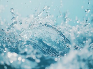 Poster - Light blue water splash with droplets and bubbles, capturing dynamic motion and soft lighting for a refreshing, high-definition effect