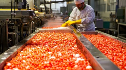 Poster - Amidst the energetic atmosphere of a food processing plant, a dedicated worker in gloves meticulously sorts bright red tomatoes, ensuring quality for packaging and distribution