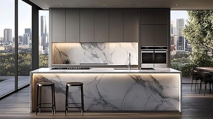 Poster - Modern kitchen island, city view, luxury apartment, design inspiration