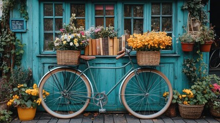 Teal shop facade, vintage bike, floral displays, autumnal decor