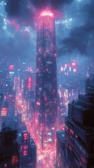 Wall Mural - Futuristic city glowing vibrant pink at night