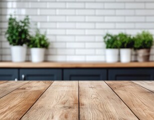 Aufkleber - Wooden kitchen table in focus with modern navy blue cabinets and white tile backsplash. Potted plants add a touch of greenery to the space