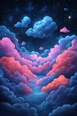 Wall Mural - Dreamlike cloudscape serene night sky glowing water