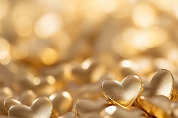 Poster - Golden heart-shaped decorations scattered on a soft, blurred background