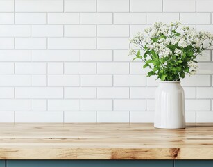 Aufkleber - Wooden kitchen countertop in focus, complemented by modern navy blue cabinets and a white tile wall, ideal for product display or montage