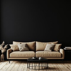 Poster - An interior design rendering of a luxury living room with a black patterned wall and home decoration elements