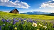 © Alex - A picturesque landscape featuring a vibrant field of wildflowers in bloom, with a rustic wooden cottage against a backdrop of majestic mountains and a clear blue sky.