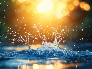 Poster - Golden Hour Splendor A Captivating Water Splash Against a Bokeh Backdrop of Warm Light