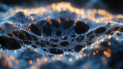 Dew-kissed spiderweb glows golden, ethereal beauty.