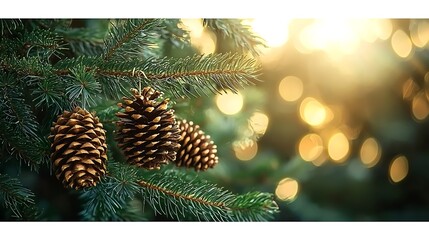 Canvas Print - Pine cones hanging from tree against bokeh lights, perfect for winter holiday greeting