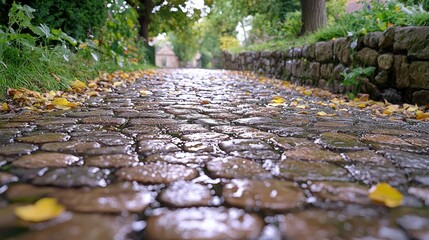 Autumnal rain on cobblestone path, garden town background