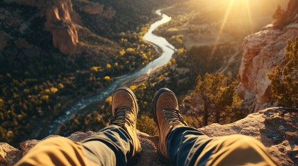 beautiful landscape seen from the height of a forest with a river at dawn, human perspective showing boots and legs