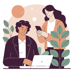 Poster - This image depicts two individuals, one male and one female, engaging in work and communication in an artistic setting with plants.