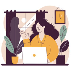 Poster - A woman with light skin and straight hair waves from her home office. She is seated at a desk with a laptop, surrounded by plants and a cozy atmosphere.