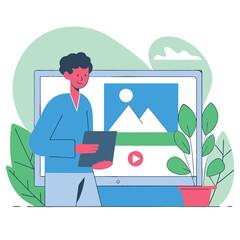 Poster - A creative individual, appearing european, presents digital content in front of a large screen, surrounded by plants, illustrating a modern work environment.