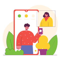 Poster - A colorful illustration of a person holding a smartphone in front of plants, showcasing a vibrant and modern lifestyle, with a hint of European influence.