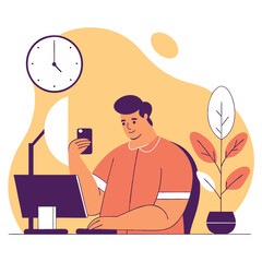 Poster - A man of unspecified ethnicity is taking a selfie while sitting in front of a computer. The scene is complemented by decorative plants and a clock.