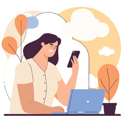 Poster - A serene illustration of a woman with light skin color, engaging with her phone while seated at a desk adorned with plants and a laptop.