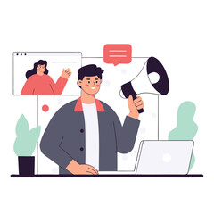 Poster - A european individual speaking through a megaphone in a modern workspace. Digital elements and plants are present, highlighting communication and creativity.