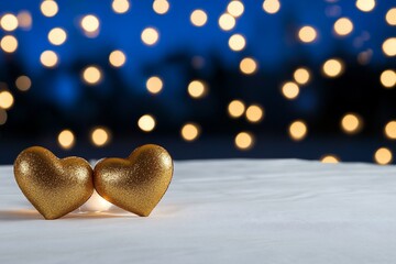 Poster - Two golden heart decorations on a table with blurred fairy lights