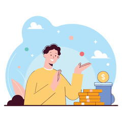 Poster - This illustration features a man, possibly African, smiling while standing near stacks of cash and coins in a colorful abstract background.