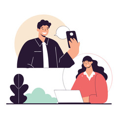 Poster - A diverse group of professionals, including Asian and Caucasian individuals, engage in a video call in a modern office setting with minimalistic decor.