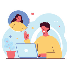 Poster - A digital illustration of a person with light skin tone waving during a virtual meeting. The scene includes plants, a laptop, and a chat window.