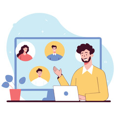 Poster - A diverse group of individuals are depicted in a video call, showcasing a multicultural environment in a professional setting with modern technology.
