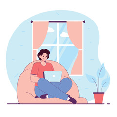 Poster - A cozy scene featuring a person of European descent working on a laptop, seated in a bean bag chair with a plant nearby.