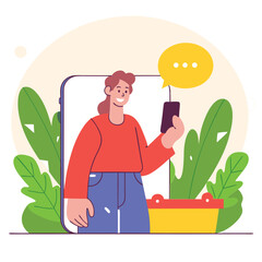 Poster - A cheerful character with light skin and grey hair holds a smartphone surrounded by lush plants, showcasing digital engagement in a friendly environment.